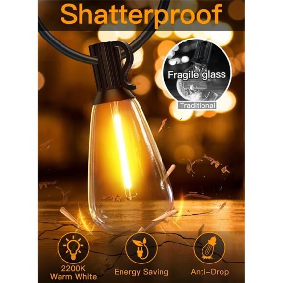 Outdoor String Lights 120FT with 60+2 Spare ST38 Vintage Bulbs, Shatterproof - Picture 3 of 7